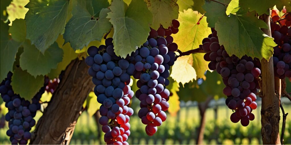 Un tableau représentant une vigne de raisin rouge ensoleillée, avec un bouquet de raisins bien mûrs au premier plan.