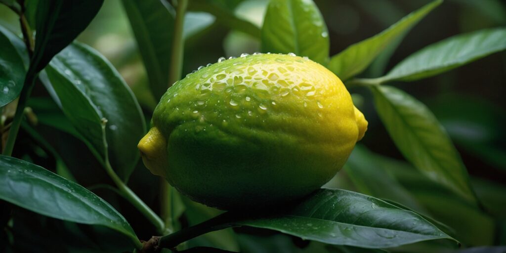 Une image de citron vert sur un fond de feuilles vertes, avec des gouttelettes d'eau.