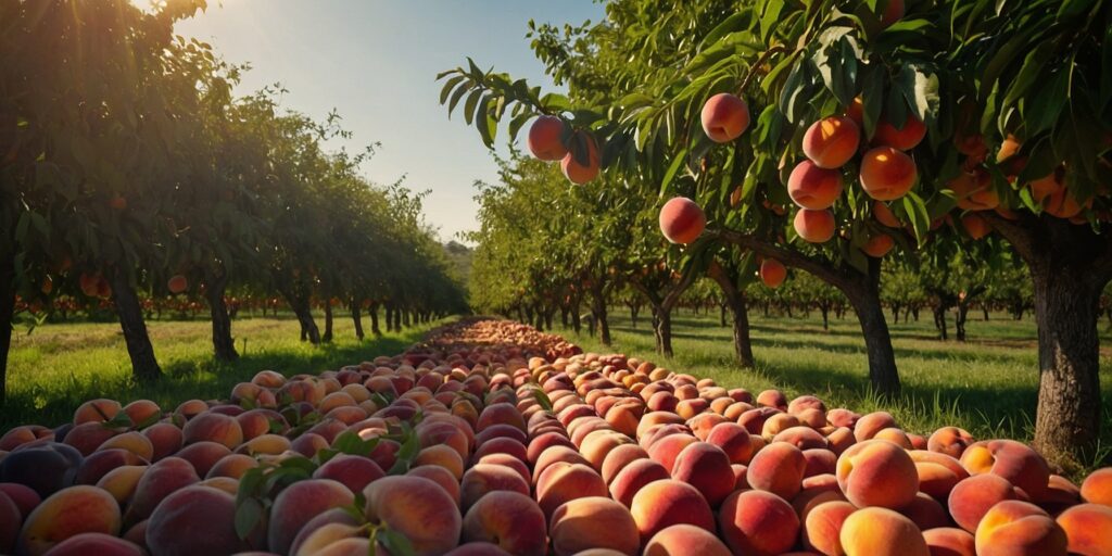 Une photo d'un verger ensoleillé avec des arbres chargés de pêches et de nectarines, mettant en valeur les couleurs chaudes et les fruits juteux.